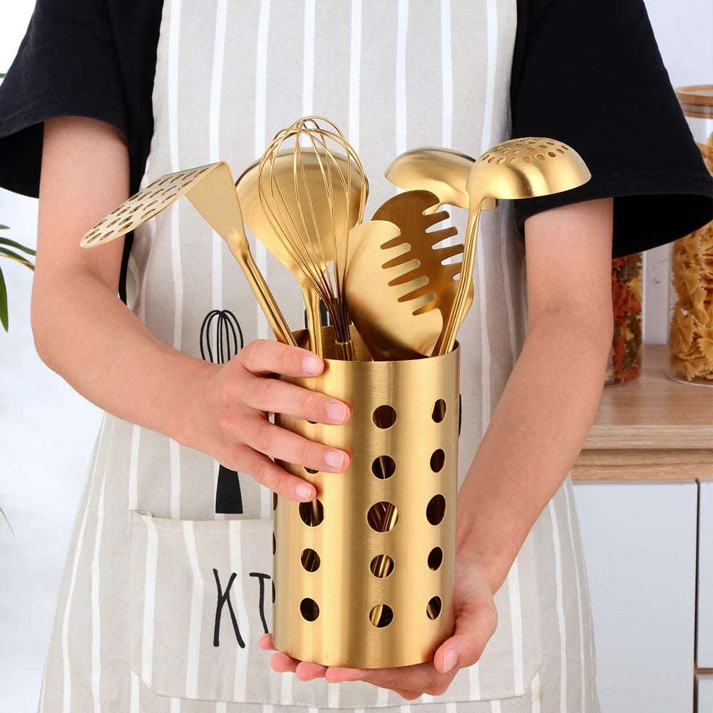 1/7pcs Gold Cooking Tool Set Chopsticks Tube Kitchenware Soup Ladle Colander Set Egg Stirrer Food Clip Kitchen Utensils