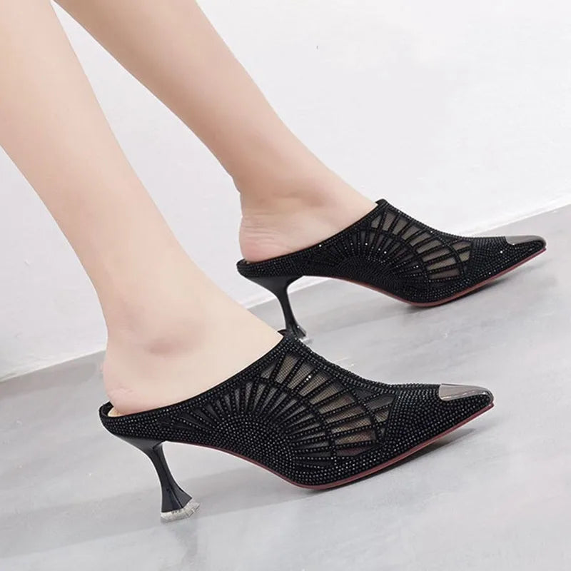 Summer Elegant Half Slipper Women Mules Rhinestone Pointed Toe Mesh High Heels Sandals Comfortable Mid Heel Women's Footwear - Eloy Royal