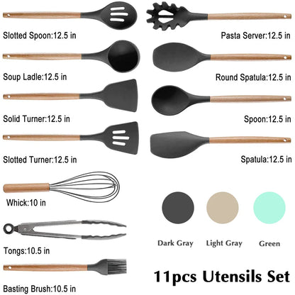 Kitchen Utensils Set Silicone Cookware Eco-friendly Wood Handle Kitchen Cooking Tool Grey Spatula Turner Ladle Kitchenware - Eloy Royal