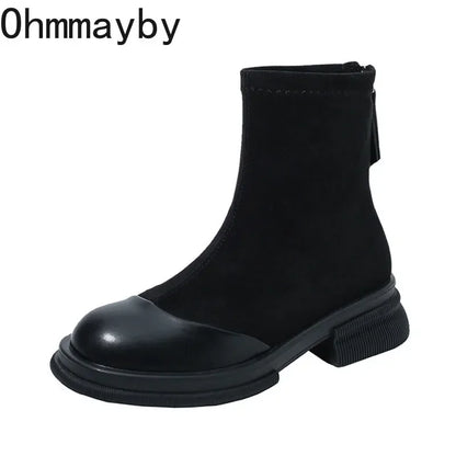 Winter Short Plush Women Ankle Boots Fashion Round Toe Ladies Cotton Short Booties Elegant Square Low Heel Women's Footwear - Eloy Royal