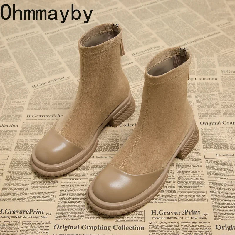 Winter Short Plush Women Ankle Boots Fashion Round Toe Ladies Cotton Short Booties Elegant Square Low Heel Women's Footwear - Eloy Royal