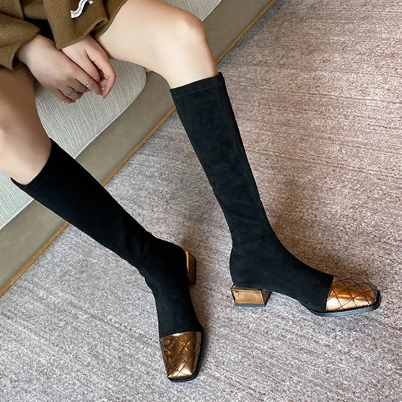 Shoes for Woman Silver Women's Boots Winter Knee High Shaft Footwear Elastic Long Sock Middle Heel Comfortable and Elegant Gyaru - Eloy Royal