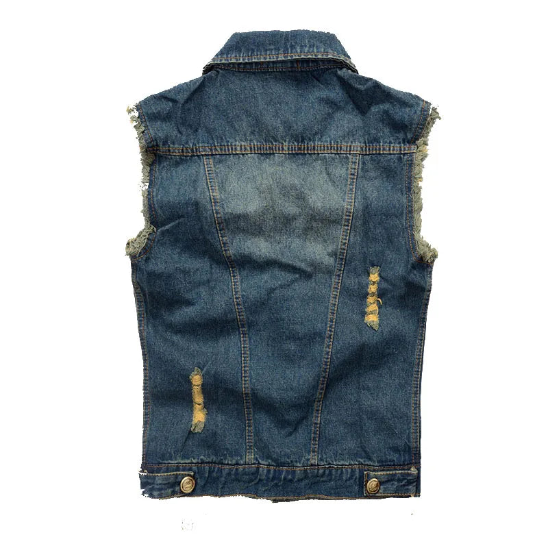 FALIZA New Mens Denim Vests Ripped Sleeveless Jeans Jacket Men Waistcoats Cotton Gilet Tank West Cowboy Hip Hop Rivet Streetwear - Eloy Royal