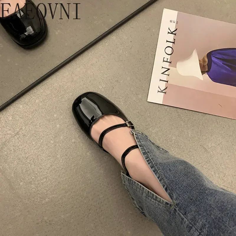 New Mary Jane Shoes Buckle Pumps Women Thick Heels Elegant Shallow Square Toe Footwear Party Office Lady Leather Shoes - Eloy Royal