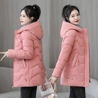 Winter Fashion Women Mid Length Down Cotton Jacket Korean Loose Thick Warm Padded Coat Female Hooded Parkas Outerwear Winter