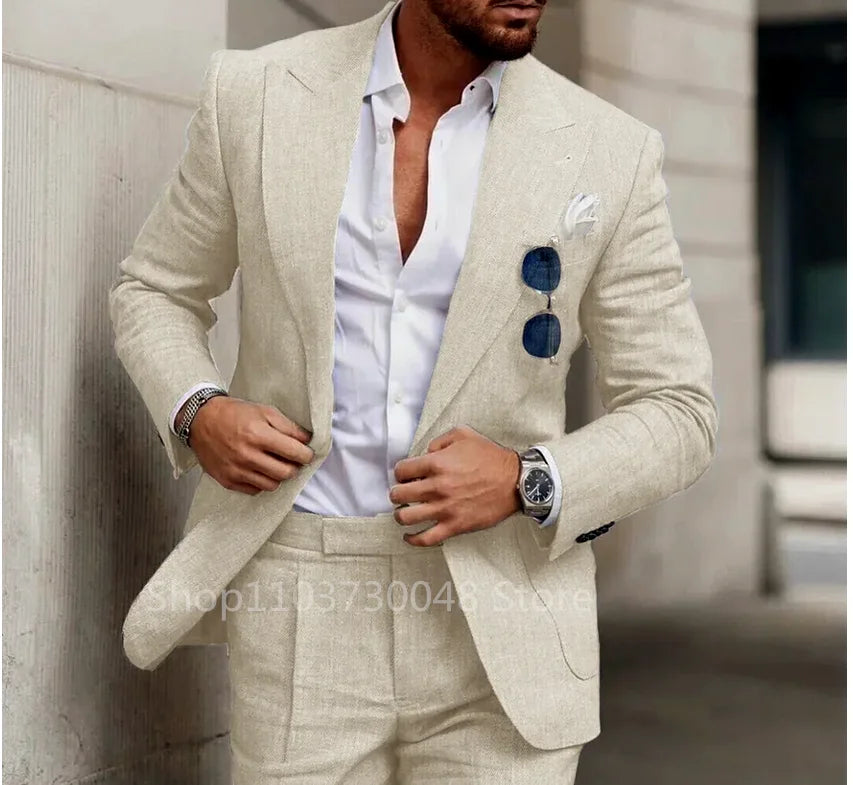 Elegant Beige Linen Men Suit Smart Casual Single Breasted Slim Fit Blazer with Pants High Quality 2 Piece Costume Homme