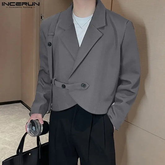 INCERUN Tops 2023 Korean Style New Mens Shoulder Pads Solid Cropped Blazer Casual Fashion Hot Sale Long Sleeved Suit Coats S-5XL