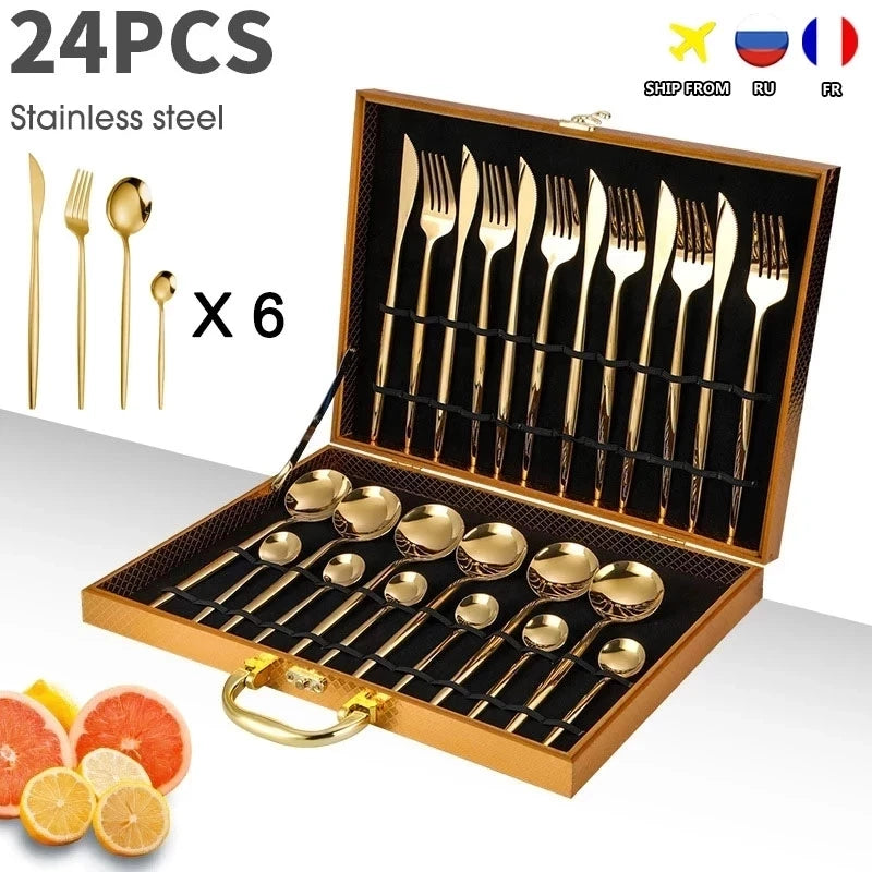 24PCS Cutlery Set Stainless Knife Fork Spoon Flatware Tableware Set Gold Gift Box Portable Dinnerware Dishwasher Kitchenware - Eloy Royal