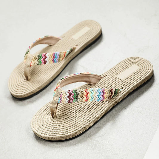 2024 Woven Flip-flops For Women Summer Fashion Casual Trendy Outer Wear Wedge Beach Flip-flops Flower Thick Soles