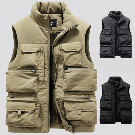 New Fashion Men Cargo Vest Winter Thick Fleece Warm Sleeveless Sport Jacket Solid Color Tactical Coat Men Pockets Work Waistcoat - Eloy Royal