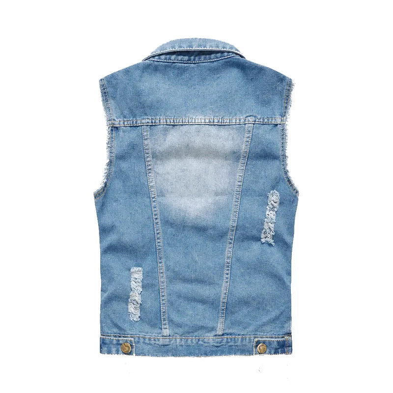 FALIZA New Mens Denim Vests Ripped Sleeveless Jeans Jacket Men Waistcoats Cotton Gilet Tank West Cowboy Hip Hop Rivet Streetwear - Eloy Royal