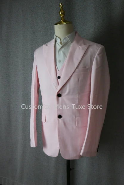 Pink Luxury Men's Suits Terno Formal Outfits 3 Piece Jacket Pants With Vest Slim Fit Luxury Costume Homme Formal Occasion Terno