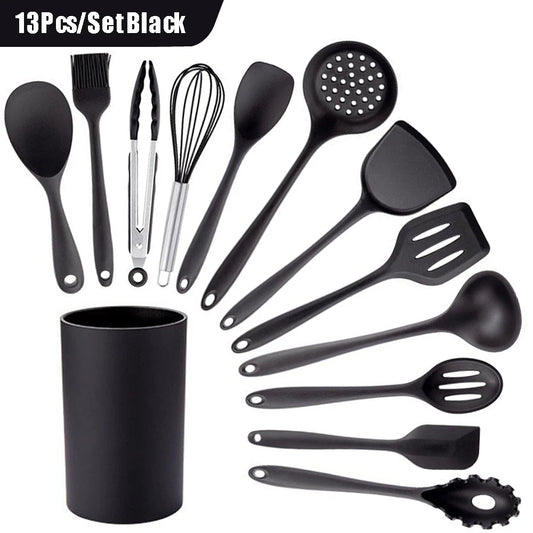 Black Silicone Utensils Set Heat-Resistant Cooking Kitchenware Tool With Non-Stick Spatula Ladle Egg Beaters Shovel Kitchen Tool - Eloy Royal