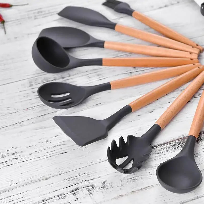 Silicone Wooden handle Turner Soup Spoon Spatula Brush Scraper Pasta Egg Beater Non-stick pan Kitchen Cooking Tools Kitchenware - Eloy Royal