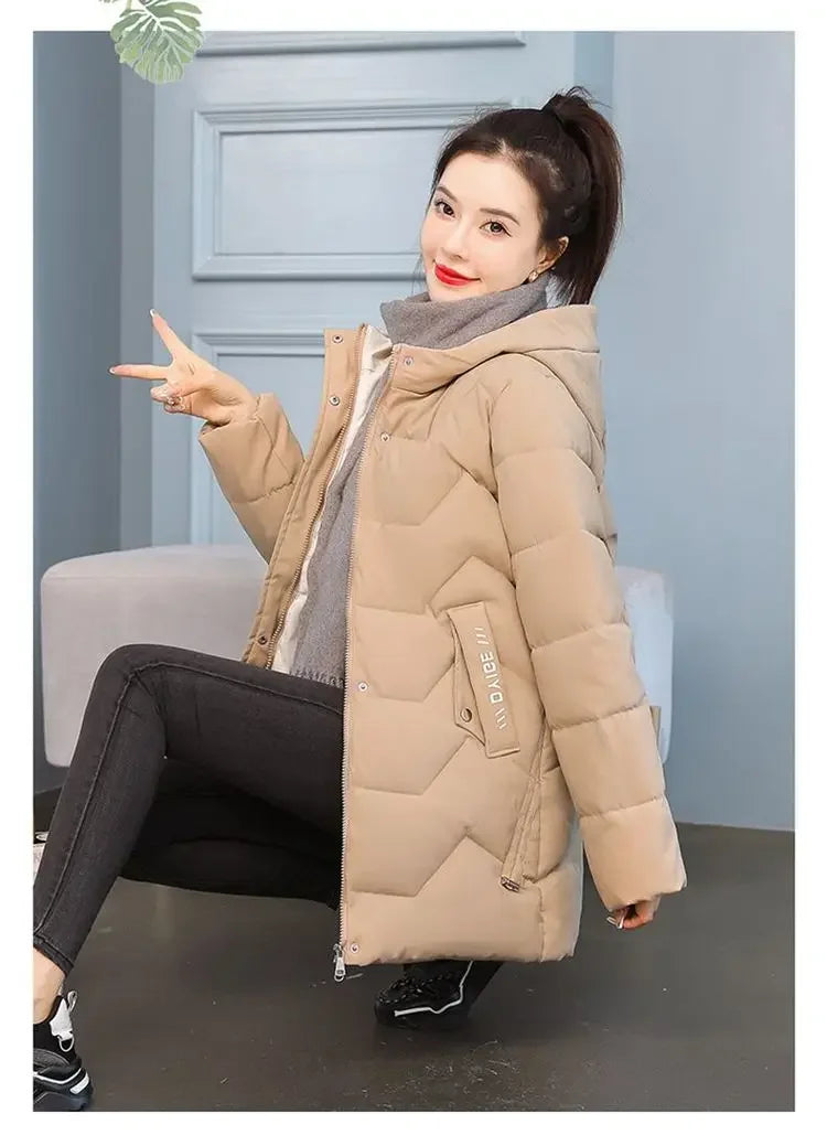 Winter Fashion Women Mid Length Down Cotton Jacket Korean Loose Thick Warm Padded Coat Female Hooded Parkas Outerwear Winter