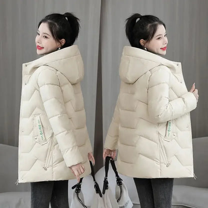 Winter Fashion Women Mid Length Down Cotton Jacket Korean Loose Thick Warm Padded Coat Female Hooded Parkas Outerwear Winter