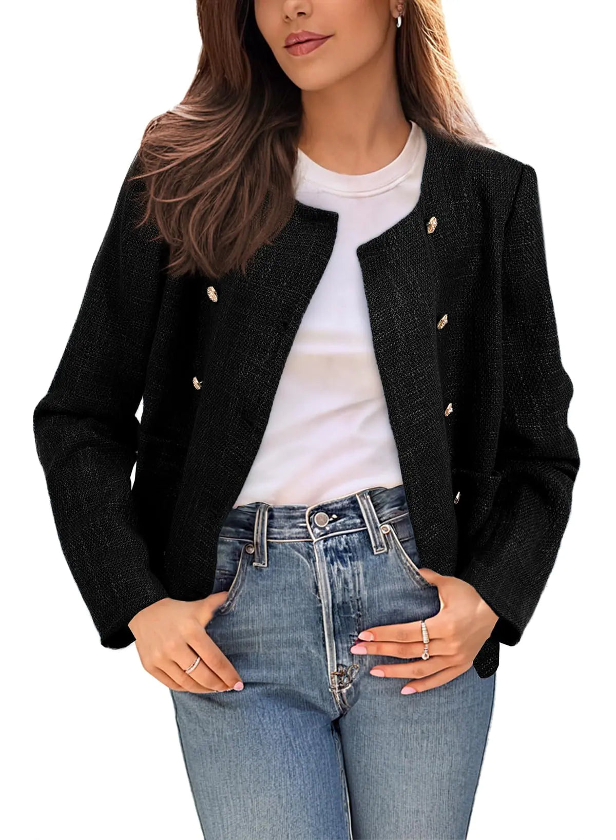 Happy Sailed Cropped Blazer for Women Classic Double Breasted Tweed Blazer Jackets Open Front Cardigan Bussiness Casual Office Blazers Spring Outfits for Work Black Medium
