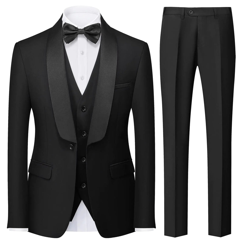 Mens 3 Piece Tuxedo Suit One Button Shawl Lapel Jacket Suits for Men Slim Fit for Wedding Prom Blazer Vest Pants Black XXL