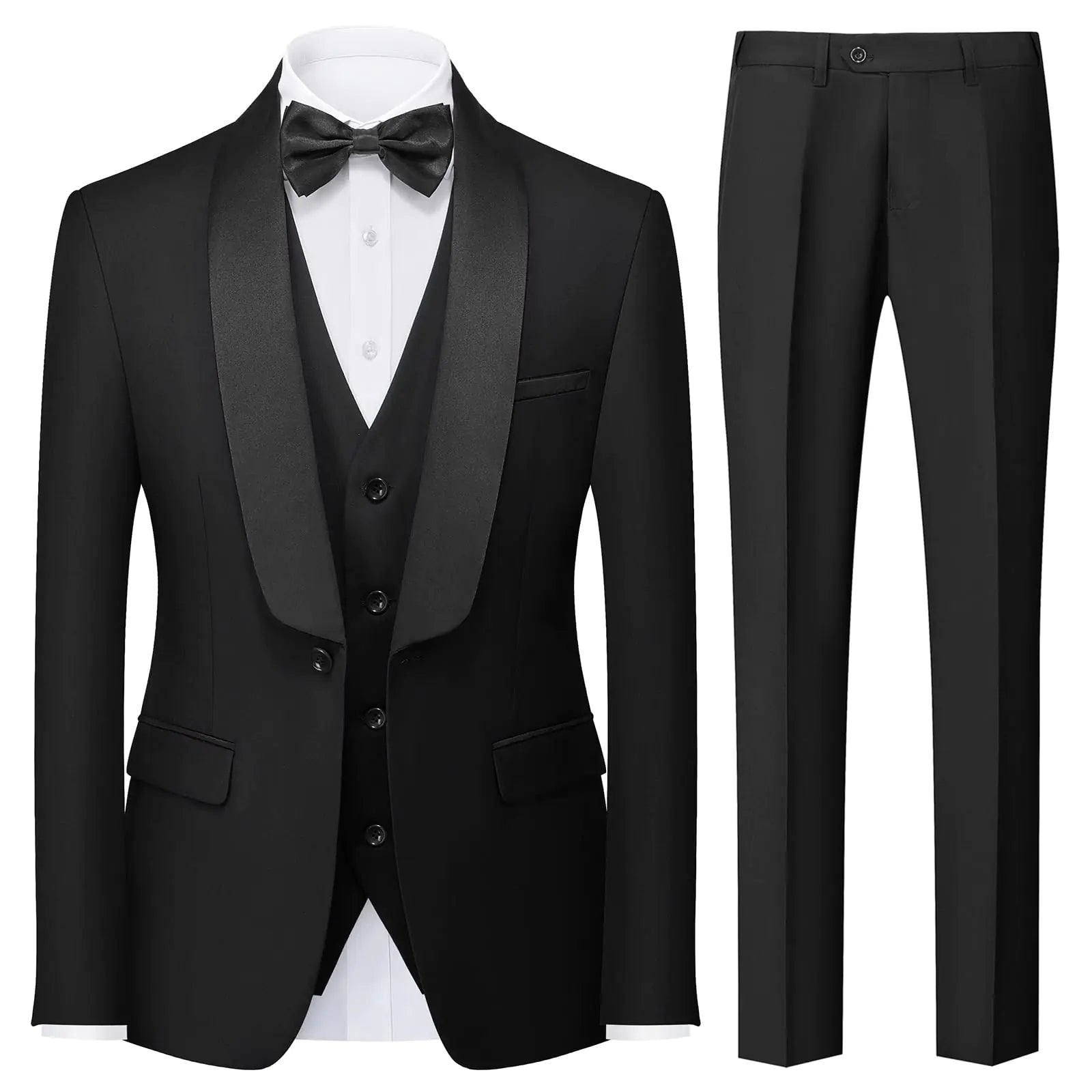 Mens 3 Piece Tuxedo Suit One Button Shawl Lapel Jacket Suits for Men Slim Fit for Wedding Prom Blazer Vest Pants Black XXL