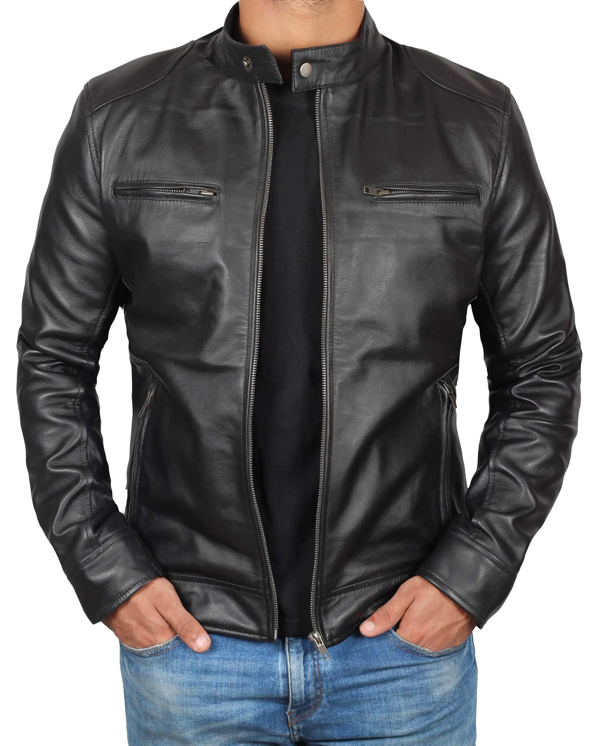 Black Leather Biker Jacket For Men - Real Lambskin Pure Leather Jacket mens | [1100122] Black Ddge S