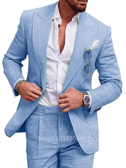 Elegant Beige Linen Men Suit Smart Casual Single Breasted Slim Fit Blazer with Pants High Quality 2 Piece Costume Homme