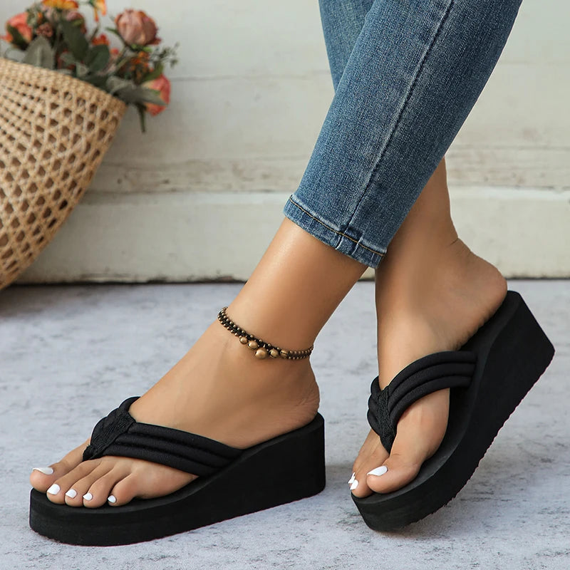 Clip Toe Platform Slippers for Women Solid Color Lightweight Wedges Flip Flops Woman Thick Bottom Non-Slip Slides Beach Shoes