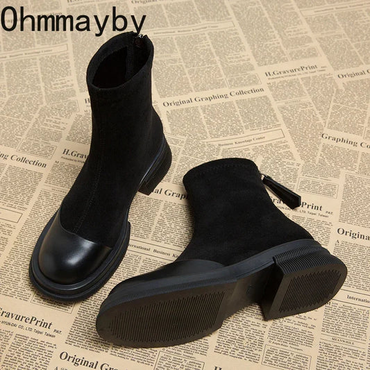 Winter Short Plush Women Ankle Boots Fashion Round Toe Ladies Cotton Short Booties Elegant Square Low Heel Women's Footwear - Eloy Royal