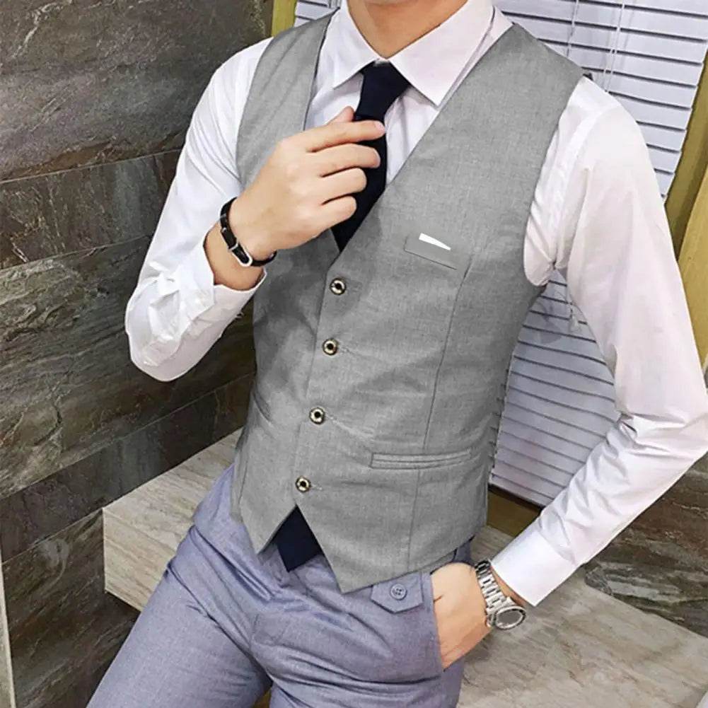 Men Formal Vest Slim Fit V-neck Men's Suit Vest Formal Business Waistcoat for Groom Wedding Coat Single-breasted Cardigan Style