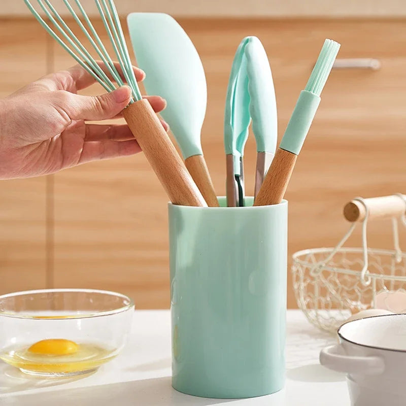 12Pcs Silicone Cooking Utensils Set Wooden Handle Kitchen Cooking Tool Non-stick Cookware Spatula Shovel Egg Kitchenware Beaters - Eloy Royal