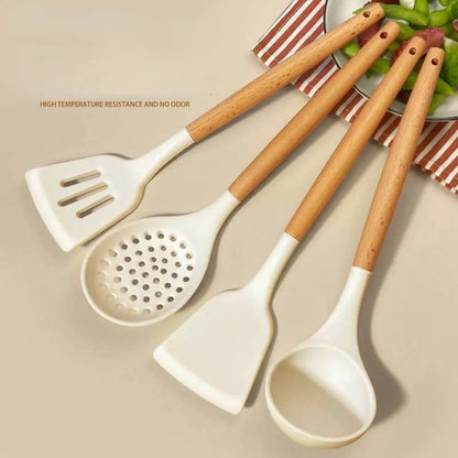 1pc silicone kitchenware set with short wooden handle, non stick pot, spoon, spatula, food clip, scraper, oil brush creamy white - Eloy Royal