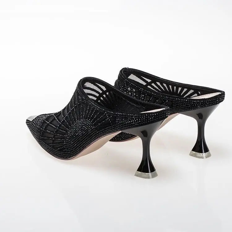 Summer Elegant Half Slipper Women Mules Rhinestone Pointed Toe Mesh High Heels Sandals Comfortable Mid Heel Women's Footwear - Eloy Royal