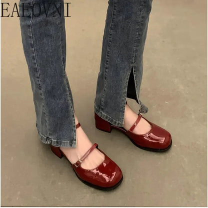 New Mary Jane Shoes Buckle Pumps Women Thick Heels Elegant Shallow Square Toe Footwear Party Office Lady Leather Shoes - Eloy Royal