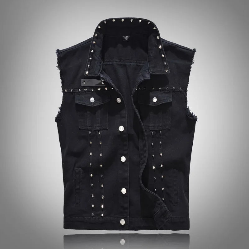 FALIZA New Mens Denim Vests Ripped Sleeveless Jeans Jacket Men Waistcoats Cotton Gilet Tank West Cowboy Hip Hop Rivet Streetwear - Eloy Royal