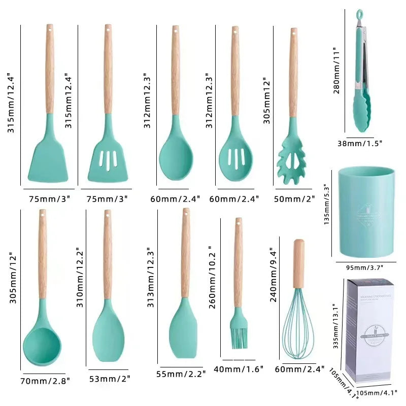 12Pcs Silicone Cooking Utensils Set Wooden Handle Kitchen Cooking Tool Non-stick Cookware Spatula Shovel Egg Kitchenware Beaters - Eloy Royal