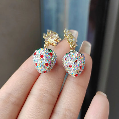 Colorful Stereo Simulation Strawberry Dangle Earring Shiny Zircon Fruit Drop Earring Female Lovely Sweet Girl for Women Jewelry