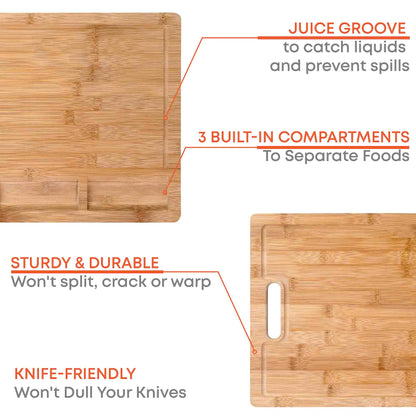 Extra Large Bamboo Cutting Board - 17x12.5 inch Wood Cutting Board for Meat, Cheese, Veggies - Wood Serving Tray with Juice Groove and 3 Compartments - Eloy Royal