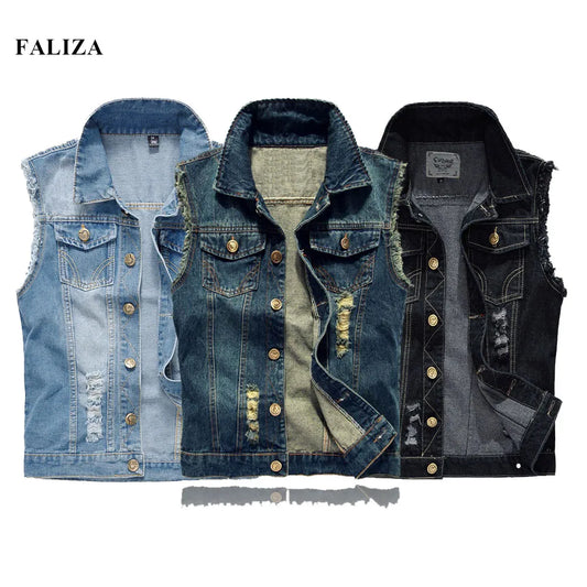 FALIZA New Mens Denim Vests Ripped Sleeveless Jeans Jacket Men Waistcoats Cotton Gilet Tank West Cowboy Hip Hop Rivet Streetwear - Eloy Royal