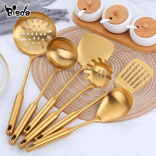 1pc Gold Kitchenware Set Long Handle Cooking Tools Metal Polish Slotted Turner Stainless Steel Kitchen Accessories Utensil