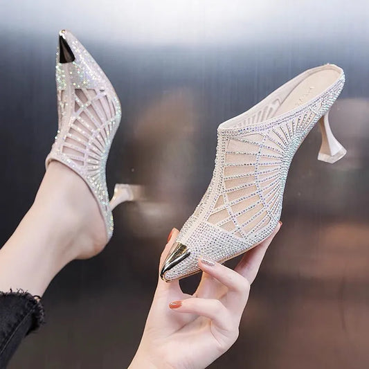 Summer Elegant Half Slipper Women Mules Rhinestone Pointed Toe Mesh High Heels Sandals Comfortable Mid Heel Women's Footwear - Eloy Royal