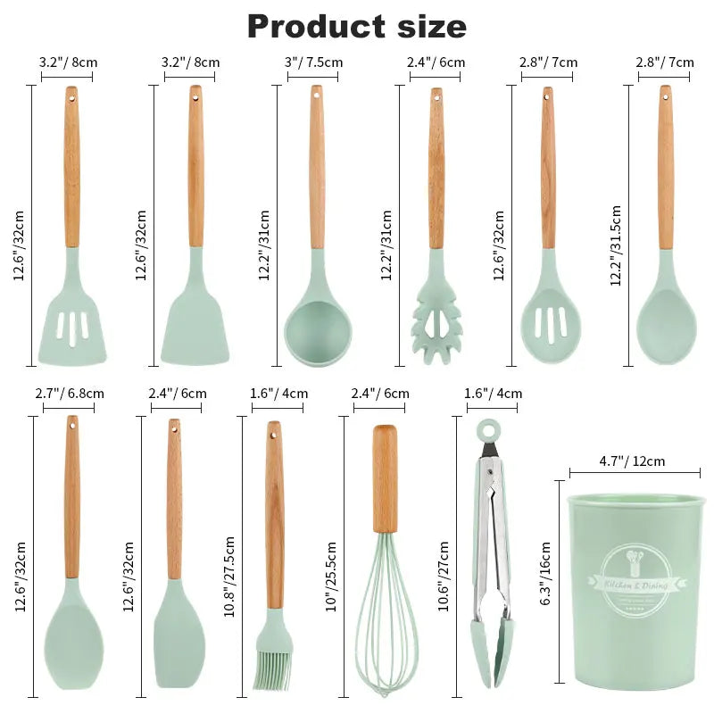 Silicone Kitchen Utensils Set Non-Stick Cookware for Kitchen Wooden Handle Spatula Egg Beaters Kitchenware Kitchen Accessories - Eloy Royal