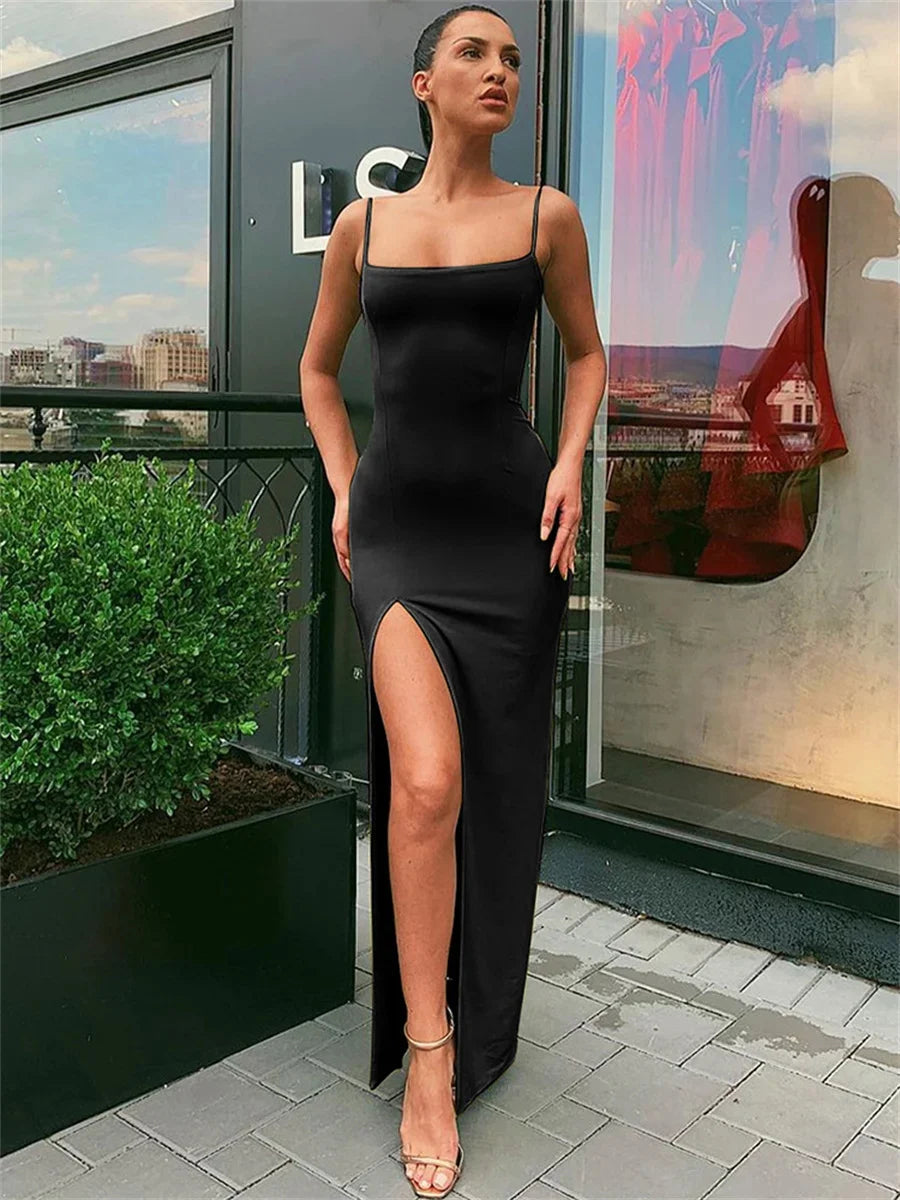 Women Summer Sexy Bodycon Dress Lady Sexy Spaghetti Strap Sleeve Split Solid Color Sheath Dress Vestidos - Eloy Royal