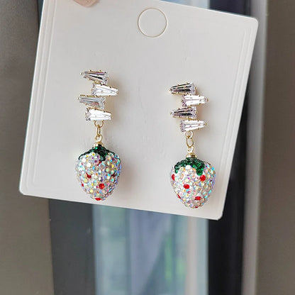 Colorful Stereo Simulation Strawberry Dangle Earring Shiny Zircon Fruit Drop Earring Female Lovely Sweet Girl for Women Jewelry