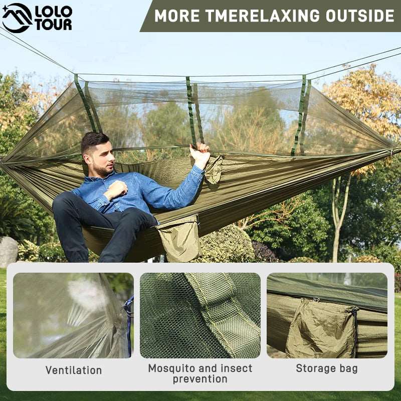 260x140cm Camping Hammock with Mosquito Net Double Travel Hanging Sleeping Bed Swing with Tree Straps for Travel Survival Garden