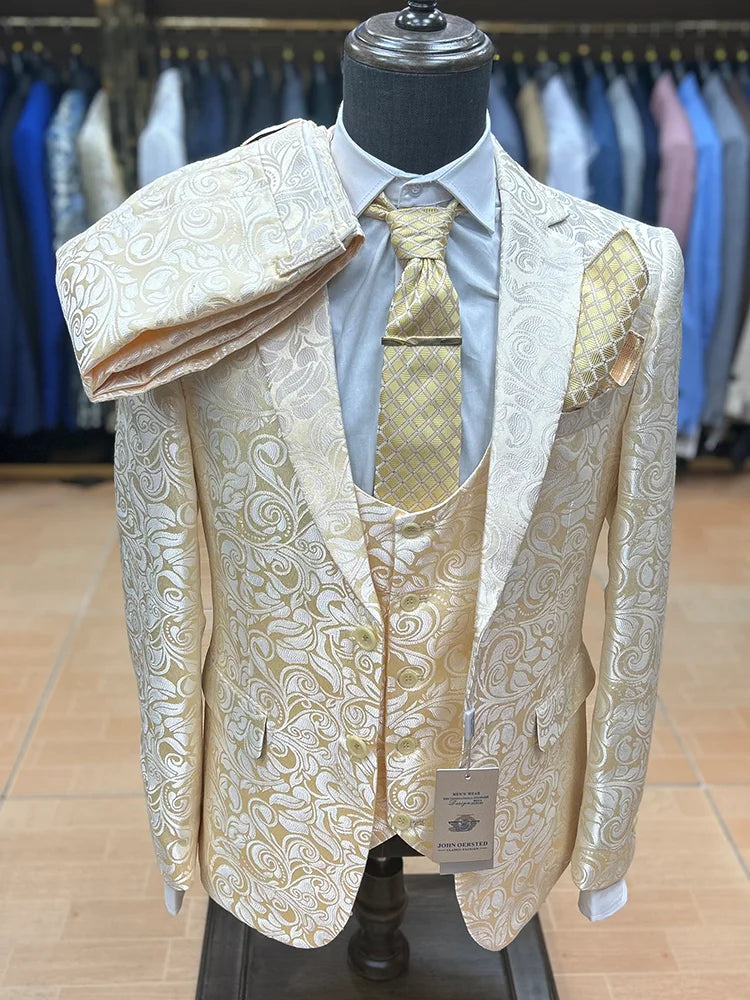 High Quality Floral Printed Wedding Men Suit Three-Piece Slim Fit Stage Costume Banquet Party Male Blazer Jacquard Fashionable