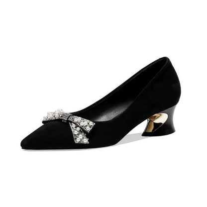 Women's Summer Footwear Diamond Shoes for Woman 2023 Evening with Bow Black Pointed Toe Rhinestone Crystals Medium Heels Fashion - Eloy Royal