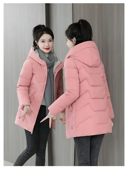 Winter Fashion Women Mid Length Down Cotton Jacket Korean Loose Thick Warm Padded Coat Female Hooded Parkas Outerwear Winter