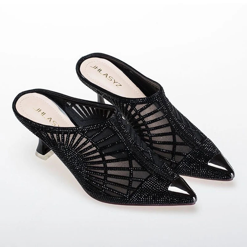 Summer Elegant Half Slipper Women Mules Rhinestone Pointed Toe Mesh High Heels Sandals Comfortable Mid Heel Women's Footwear - Eloy Royal