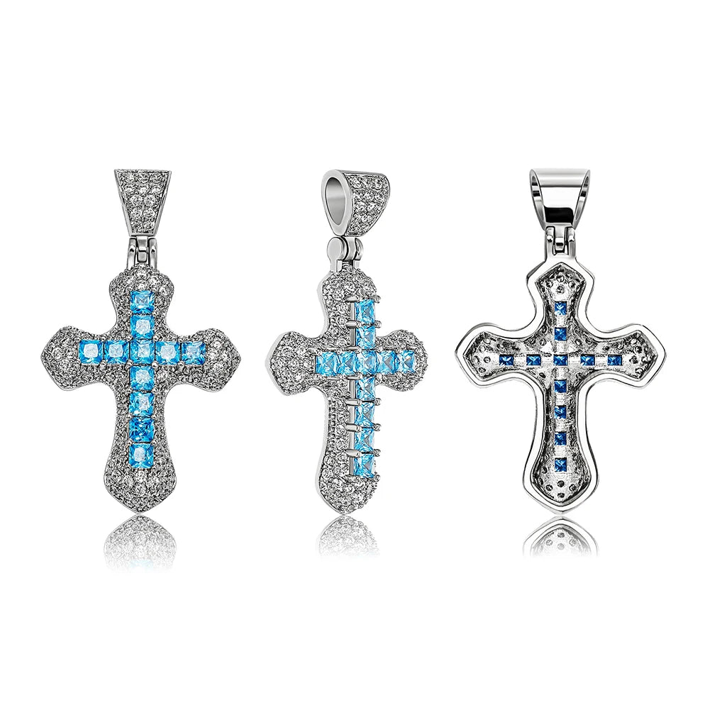 TOPGRILLZ New Classic Shiny Cross Necklace Iced Baguette Blue Zirconia Pendant Fashion Female Religious Jesus Hip Hop Jewelry - Eloy Royal