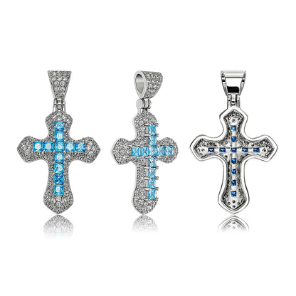 TOPGRILLZ New Classic Shiny Cross Necklace Iced Baguette Blue Zirconia Pendant Fashion Female Religious Jesus Hip Hop Jewelry - Eloy Royal