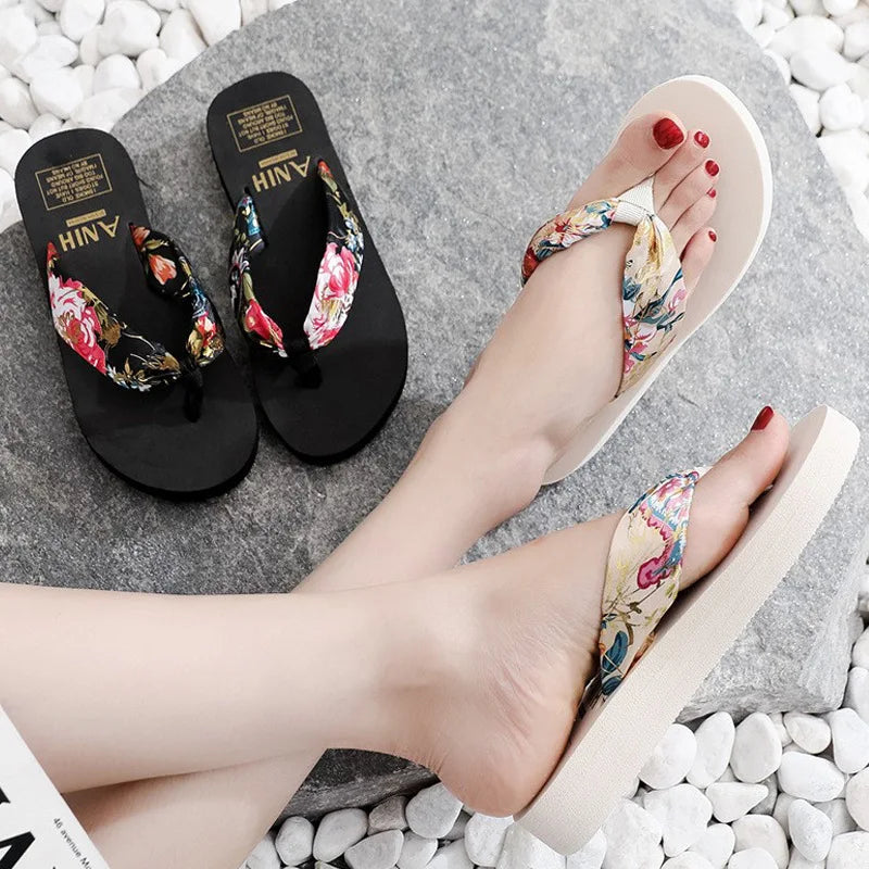 Summer Slippers Indoor House Woman Girls Casual Slippers Flip-flops Non-slip Satin Printing Vacation Beach Sandal Zapatos Mujer